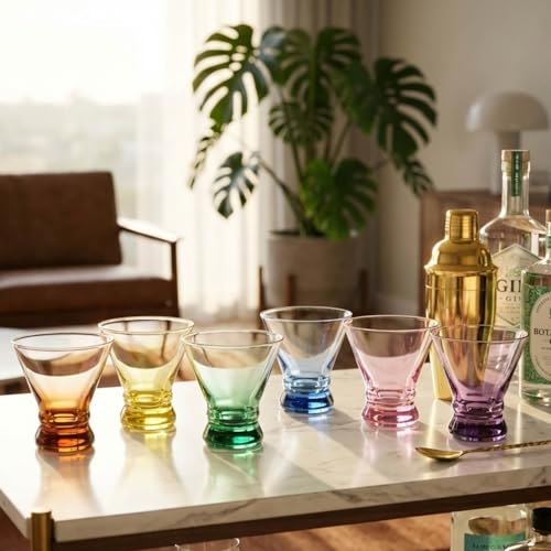 Colored Stemless Martini Glasses Set of 6 - Home Bar Cocktail Cups - Variation of Martini Glass