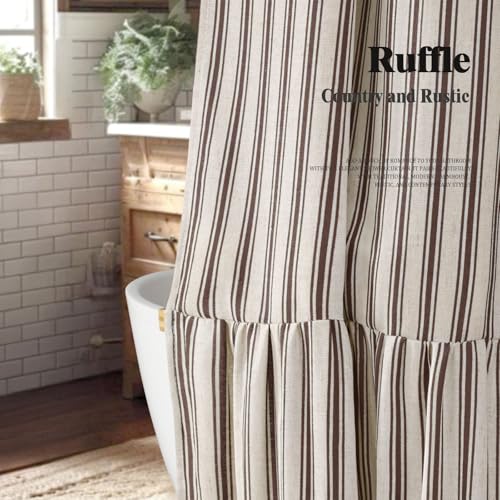 Farmhouse Shower Curtain with Ruffle Hem - Linen Look Cream-Brown Stripe 72x84 Inches - Variation of Cream-Brown Stripe / 72W x 84L