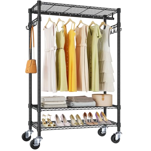 Heavy Duty Portable Clothes Rack with Lockable Wheels - Black, R3 Standard