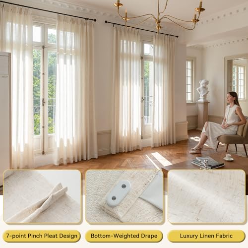 Three Girls Natural Linen Pinch Pleated Curtains 40"W x 90"L Set of 2 - Light Filtering Window Drapes for Living Room & Bedroom