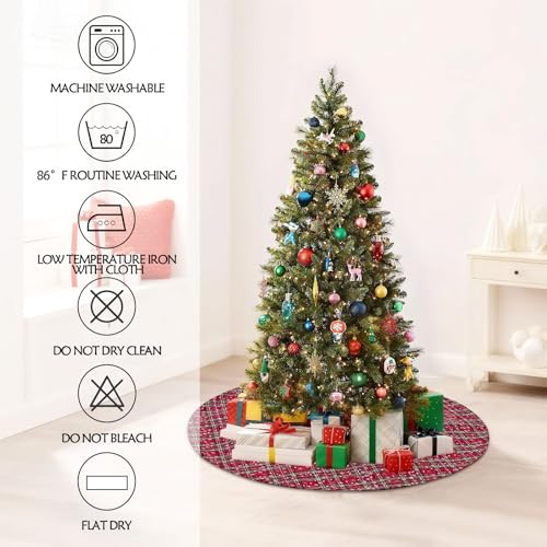 B-COOL Red Green Plaid Snowflake Christmas Tree Skirt 24 Inch - Buffalo Check Holiday Decor
