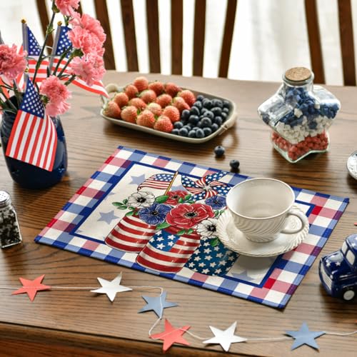 Artoid Mode Buffalo Plaid Vases Flowers 4th of July Placemats Set 6,