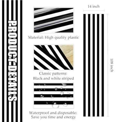 3 Pcs Stripe Table Runner Plastic 14 x 108 Black and White Striped Table Runners for Wedding Birthday Baby Shower Party Table Centerpiece Decorations Disposable Table Runner