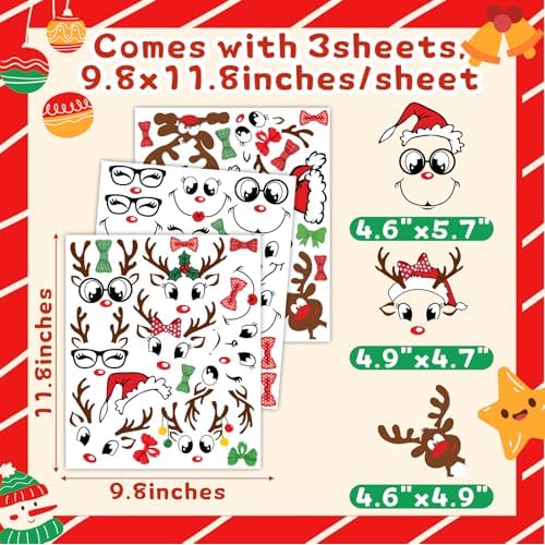 Christmas Face Stickers for Crafts Ornaments Decals Christmas Gift Stickers Decorations Reindeer Vinyl Face Eye Decals for Glass Cup Water Bottle Fridge Window Wall Xmas Holiday Party Supplies