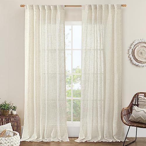 Natural Linen Curtains 2 Panels 52"W x 102"L Back Tab - Ivory, Light Filtering