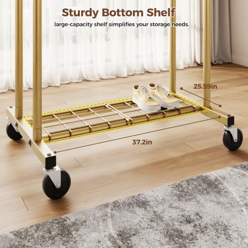 HYSEYY Gold Heavy Duty Rolling Clothes Rack with Shelves - Supports 700LBS