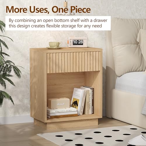 Fluted Nightstands Set of 2 - Mid Century Bedside End Tables - Natural Oak