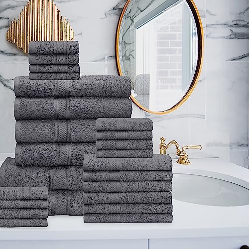 HILLFAIR 24-Piece Cotton Bath Towel Set - Platinum, Includes Oversized & Hand Towels