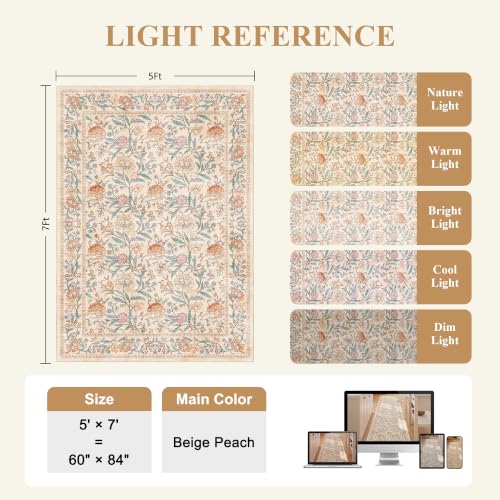 Beige Vintage Floral Washable Area Rug 5x7 for Living Room & Bedroom