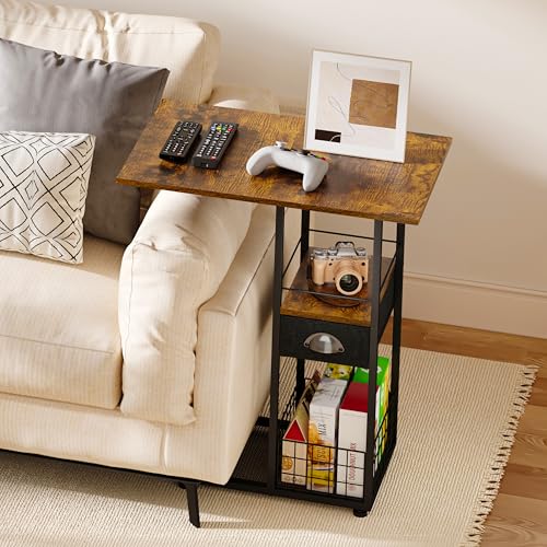 Black Large Rolling C-Shaped Side Table with Drawer & Wheels