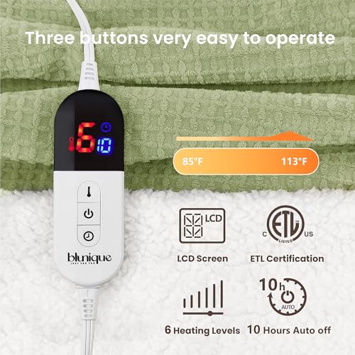 Sage Blunique Twin Electric Heated Blanket 62x84 Inches Waffle Sherpa Fast Heating
