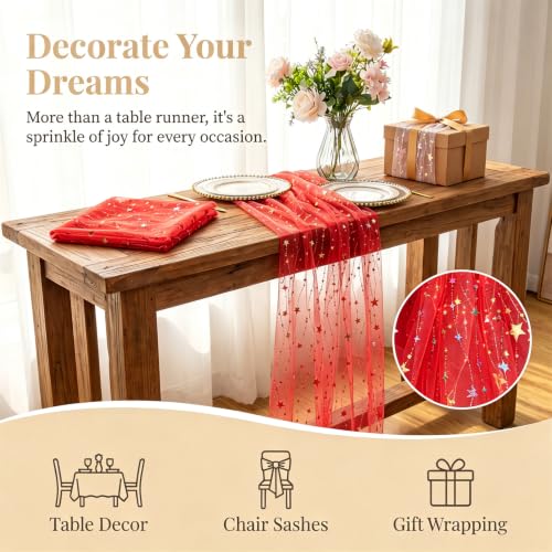 ShinyBeauty 28x120 Inch Red Iridescent Star Gauze Table Runner for Christmas & Holiday Decor
