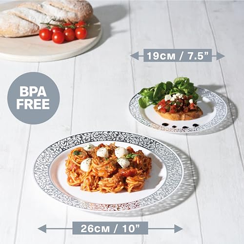MATANA White & Silver 40-Piece Plastic Plate Set - Dinner & Salad, Reusable, Elegant
