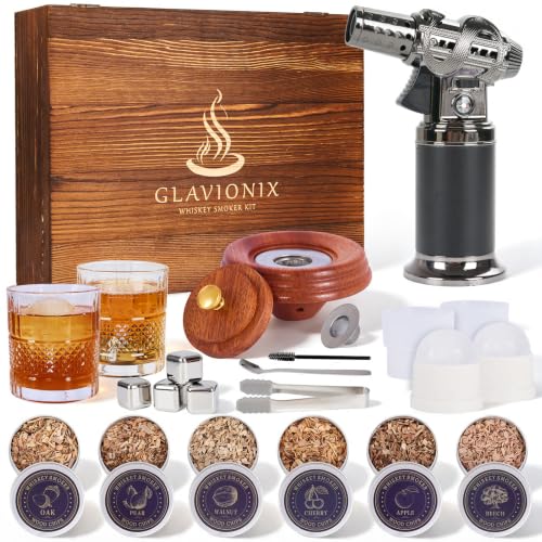 Whiskey Smoker Kit with Torch, Wooden Gift Box, 6 Wood Chips, Glasses & Molds - Natural