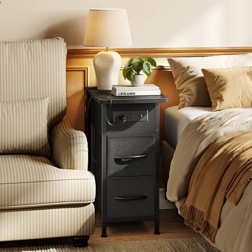 Huuger Black Narrow End Table with Charging Station - Slim Side Table with 2 Drawers