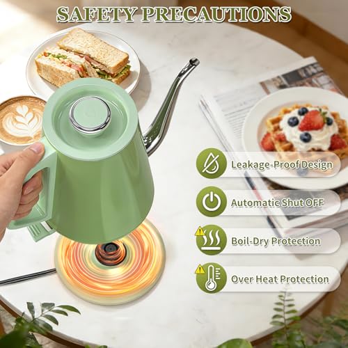Gooseneck Electric Kettle 0.8L, 1200W Fast Boil, Stainless Steel, Green