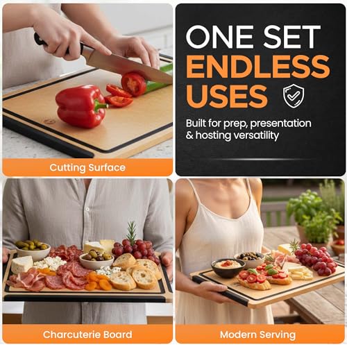 Composite Wood Cutting Board Set of 3 with Juice Groove - Tan/Black