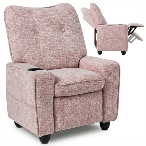 Pink Velvet Kids Recliner with Adjustable Backrest & Footrest, Cup Holder & Side Pockets