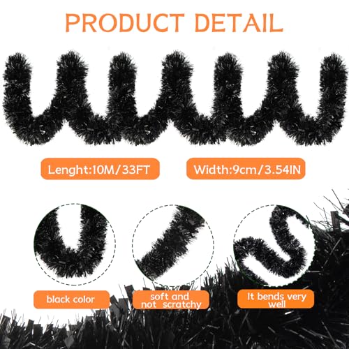 Gloreyan 33ft Black Christmas Tinsel Garland - Foil Glitter Decor for Holiday Tree, Halloween, Weddings