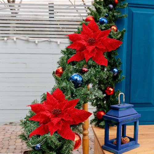 Suncalla 16-Inch Velvet Poinsettia Christmas Tree Topper - Classic Red