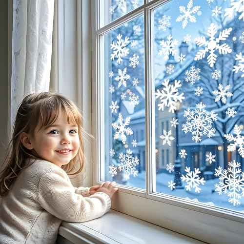 144 Pcs Christmas Window Clings for Glass Windows - 8 Sheets Static Snowflakes Christmas Window Decorations, Xmas Holiday White Snow Flakes Window Stickers Decals for Party Home Winter Indoor Decor