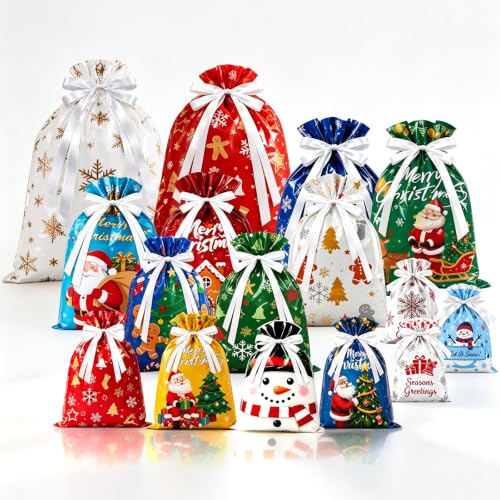 Qrain 32Pcs Christmas Gift Bags Set with Drawstring, Reusable Holiday Wrapping