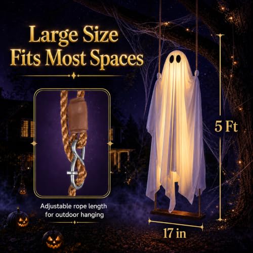 HAPPYCLUB 5ft Pre-Assembled Swing Ghost Halloween Decor Outdoor Yard with Remote Lights