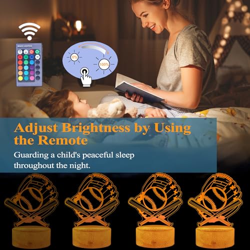 Baseball Night Light, Baseball Player Gifts, 3D Illusion Lamp with 16 Colors Changing, Remote Control with Timer, Dim Function, Birthday Xmas Holiday Gift for Boys and Girls