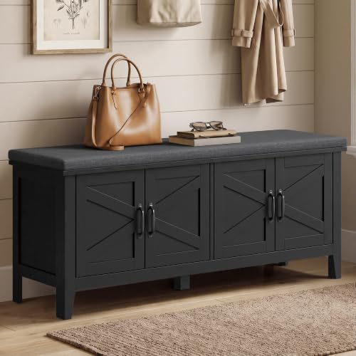 VASAGLE Farmhouse Entryway Shoe Bench with Cushion, 47.2-Inch Ink Black & Slate Gray