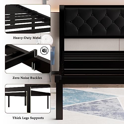 Twin Size Metal Bed Frame with Faux Leather Headboard - Black