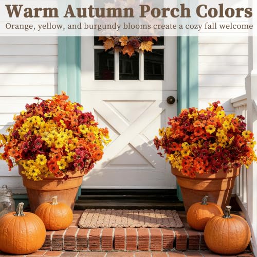 Artificial Mums for Outdoors - 18 Pack Faux Flowers with Eucalyptus Leaves - Orange, Yellow & Burgundy