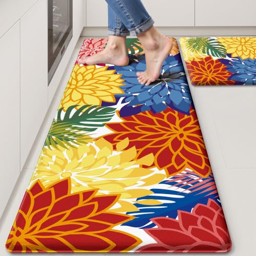 Arenarug Colorful Cushioned Anti-Fatigue Kitchen Mats 2-Piece Set, Waterproof & Non-Slip, 17.3x28 & 17.3x47 Inches