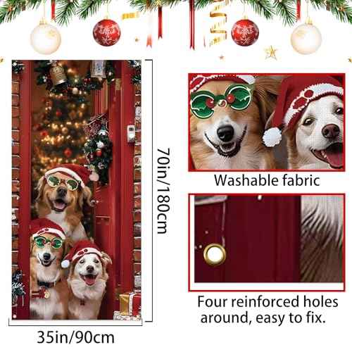Christmas Door Cover Cute Santa Dogs Front Door Covers Decoration 71x36 Inch, Merry Christmas Banner for Holiday Parties, Winter Xmas Decor with Fabric, Festive Backdrop for Home & Office