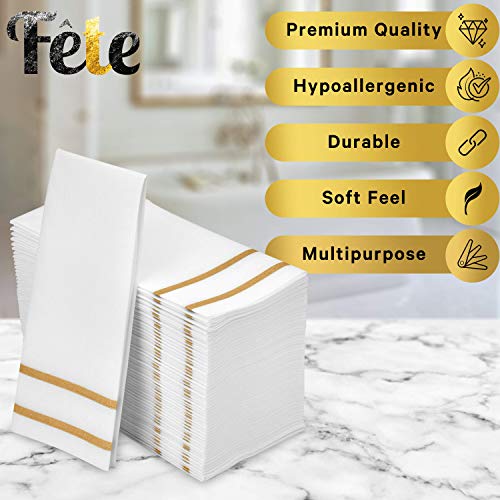 Disposable Linen-Feel Guest Towels - Gold Design, 200 Count - Formal Dinner & Wedding Napkins - 8.5x4 Inches Folded, 12x16.5 Unfolded - Gold 2 Lines Variation