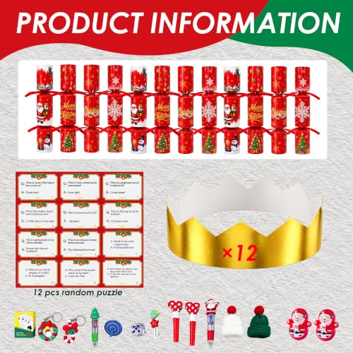 12 Pack Christmas Crackers 10 Inch No-Snap Pull Favors with Surprises
