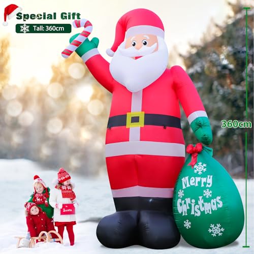12FT Inflatable Santa Claus with LED Lights, Candy Cane & Gift Bag Yard Decor