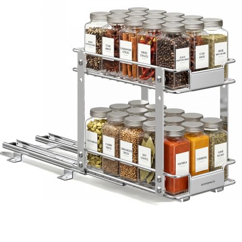 SONGMICS Silver 2-Tier Pull-Out Spice Rack Organizer - Thick Steel, Adjustable