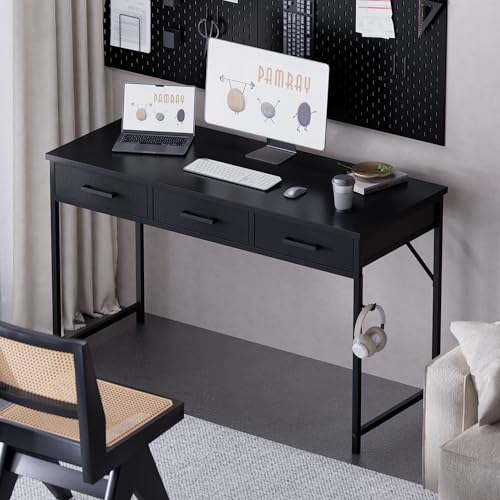 Pamray 47-Inch Small Black Computer Desk with 3 Fabric Drawers for Home Office & Study