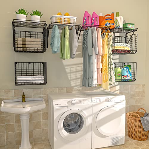 Laundry Room Wall Shelf with Wire Basket & Hooks - Black, Standard Variation