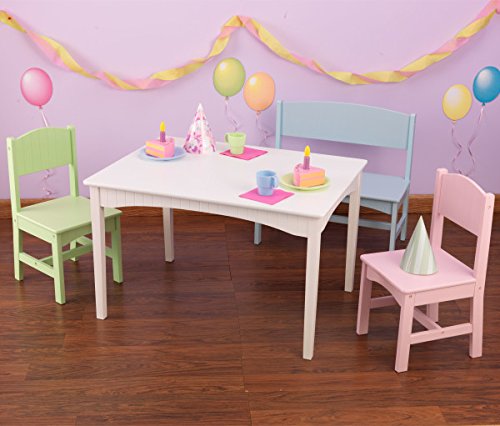 KidKraft Nantucket Classic Wooden Kids Table Set with Bench & 2 Chairs, Pastel, Ages 3-8