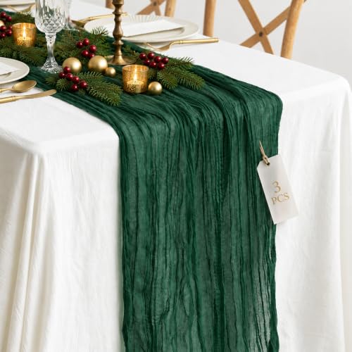Emerald Green Cheesecloth Table Runner 3 Pack 35 x 120 in - Christmas Holiday Decor (Ztzfacai)