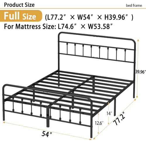 Full Metal Bed Frame with Victorian Headboard and Footboard - Black, Easy Assembly
