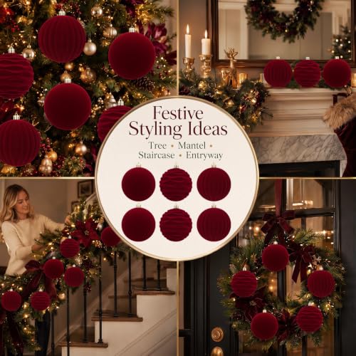 Hollowfly Burgundy Red Velvet Christmas Balls Set 6 Large 4 Inch Ornaments