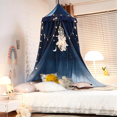 Kertnic Night Sky Ruffle Princess Bed Canopy for Girls Room Decoration, Mosquito Net & Play Tent