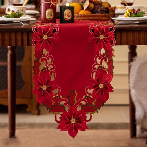Joyfol Day Christmas Red Embroidered Table Runner 14x86 Inch - Poinsettia Holly Leaves & Acorns Holiday Decor