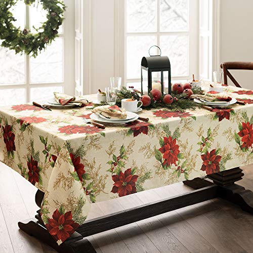 Festive Poinsettia Rectangle Holiday Tablecloth 84x60 in, Multicolor