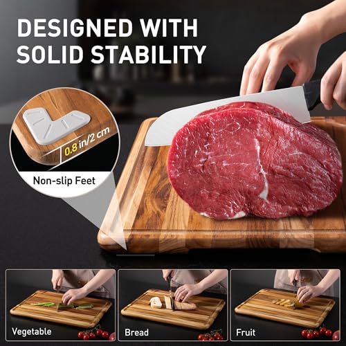 Multi-Size Teak Cutting Board Set - 3 Pack with Holder - Non-Toxic Kitchen Wood Boards