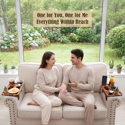Nnewvante Acacia Wood 2-Pack Couch Armrest Tray with Cup Holders & Phone Stand – Clip-On Sofa Table