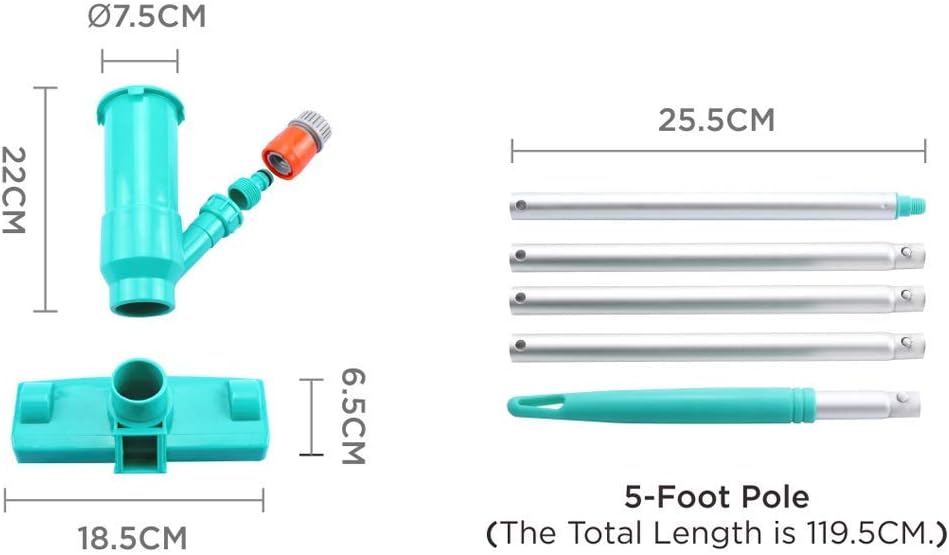 POOLWHALE Portable Pool Vacuum - Jet Underwater Cleaner with Brush & 6-Section Pole (56.5") for Above Ground Pools, Spas & Fountains
