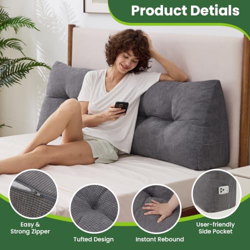 Twin Headboard Pillow Dark Grey Triangle Bed Wedge for Backrest & Reading